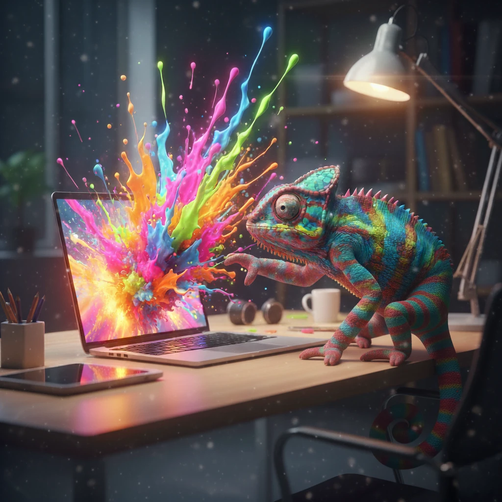 Caméléon devant un ordinateur et une projection de couleurs, création de sites web par Creatix