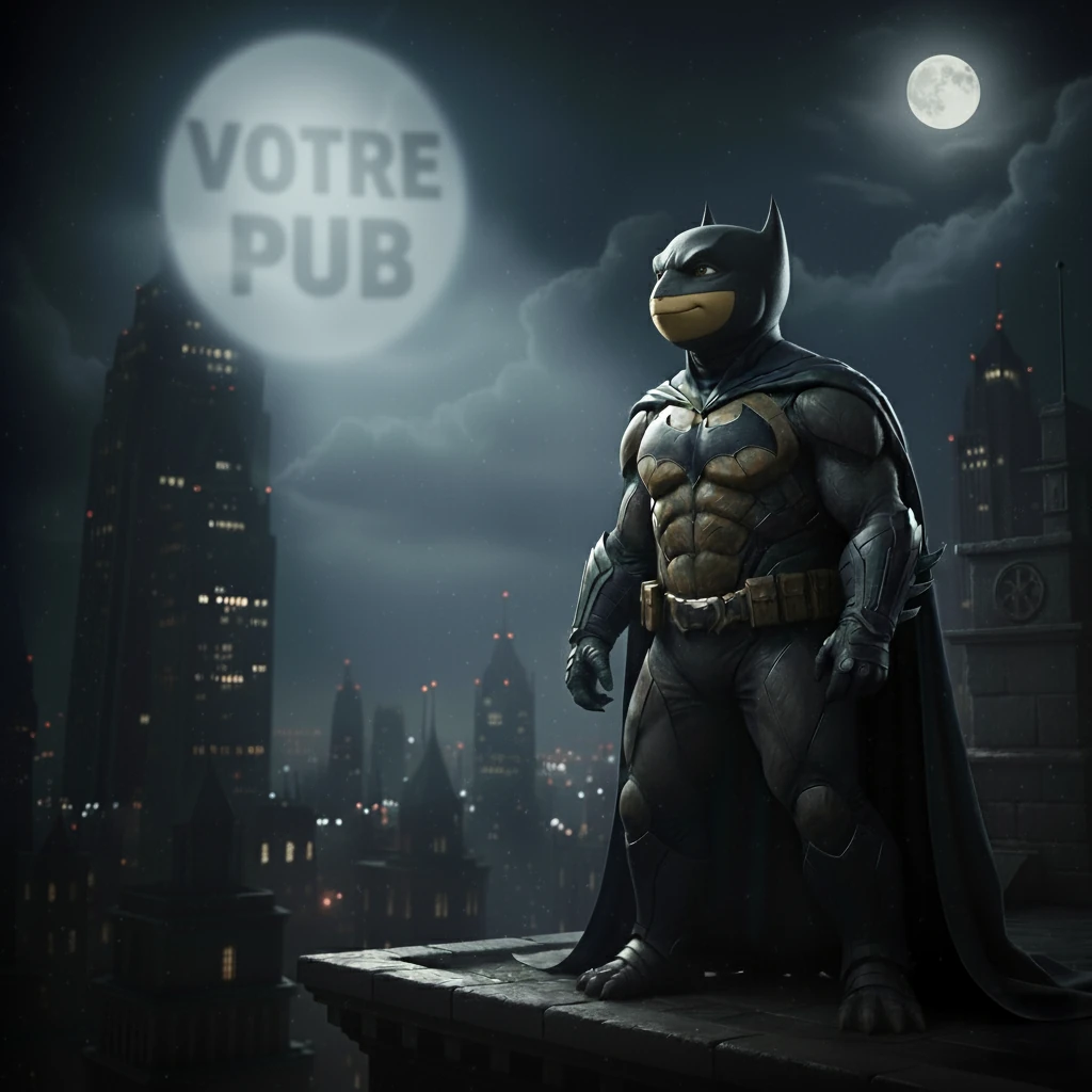 Batman sous un projecteur publicitaire dans une ville nocturne, illustration du référencement SEO et SEA